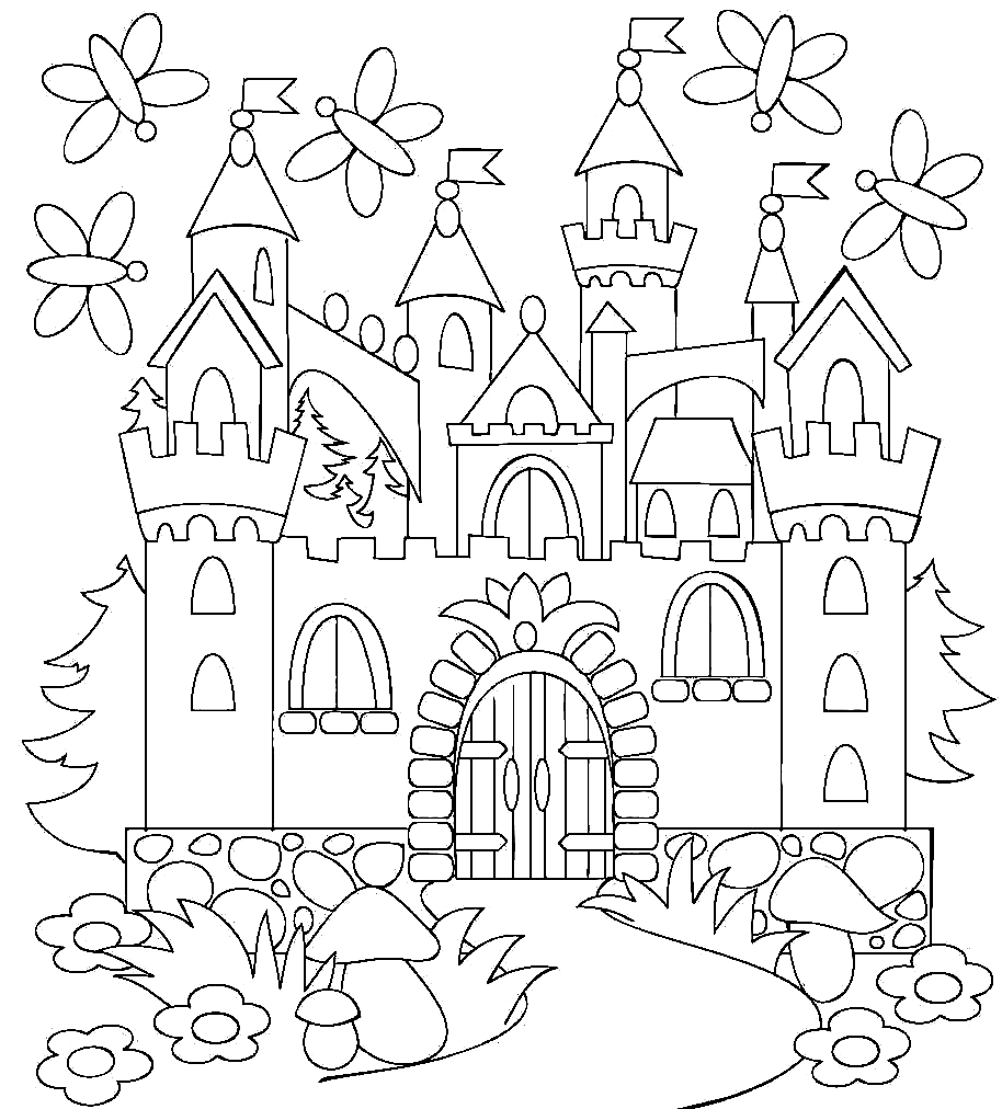 Castle and Butterflies Coloring Page