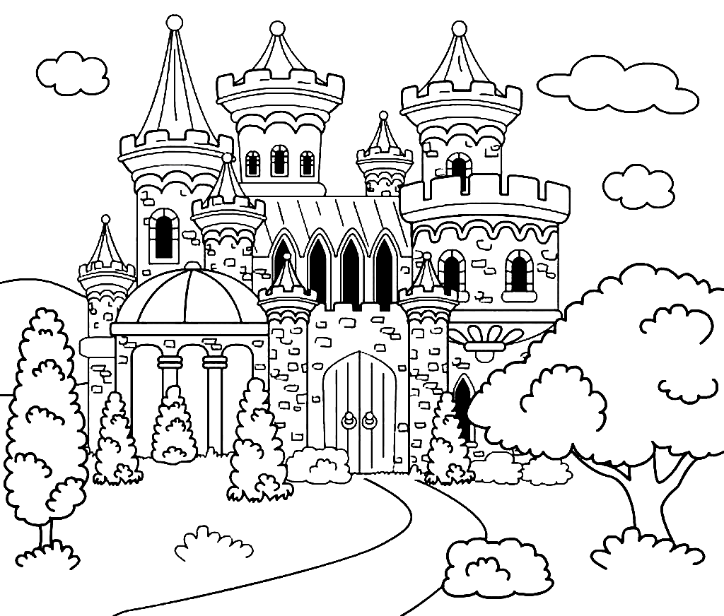Castle and Trees Coloring Page