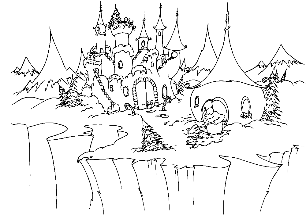 Desenho de Castelo no Ártico na época do Natal para colorir