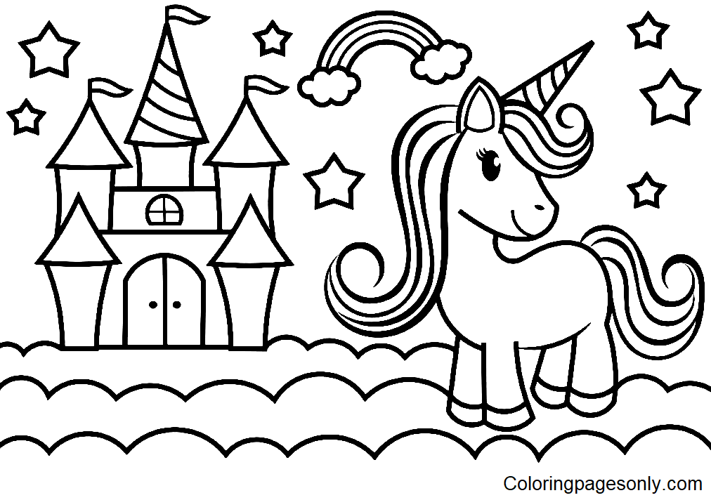 Castle with Unicorn Coloring Page