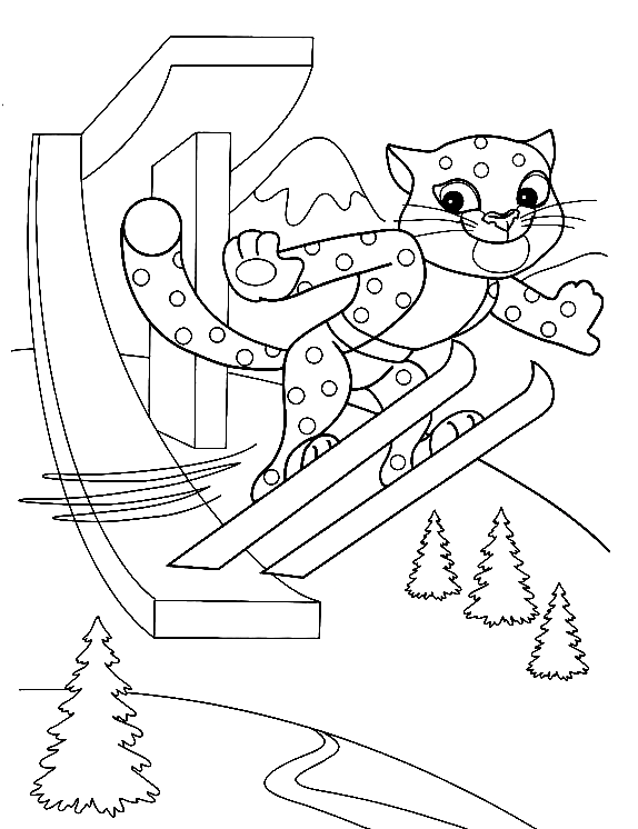 Cat Skier Jumping Coloring Page