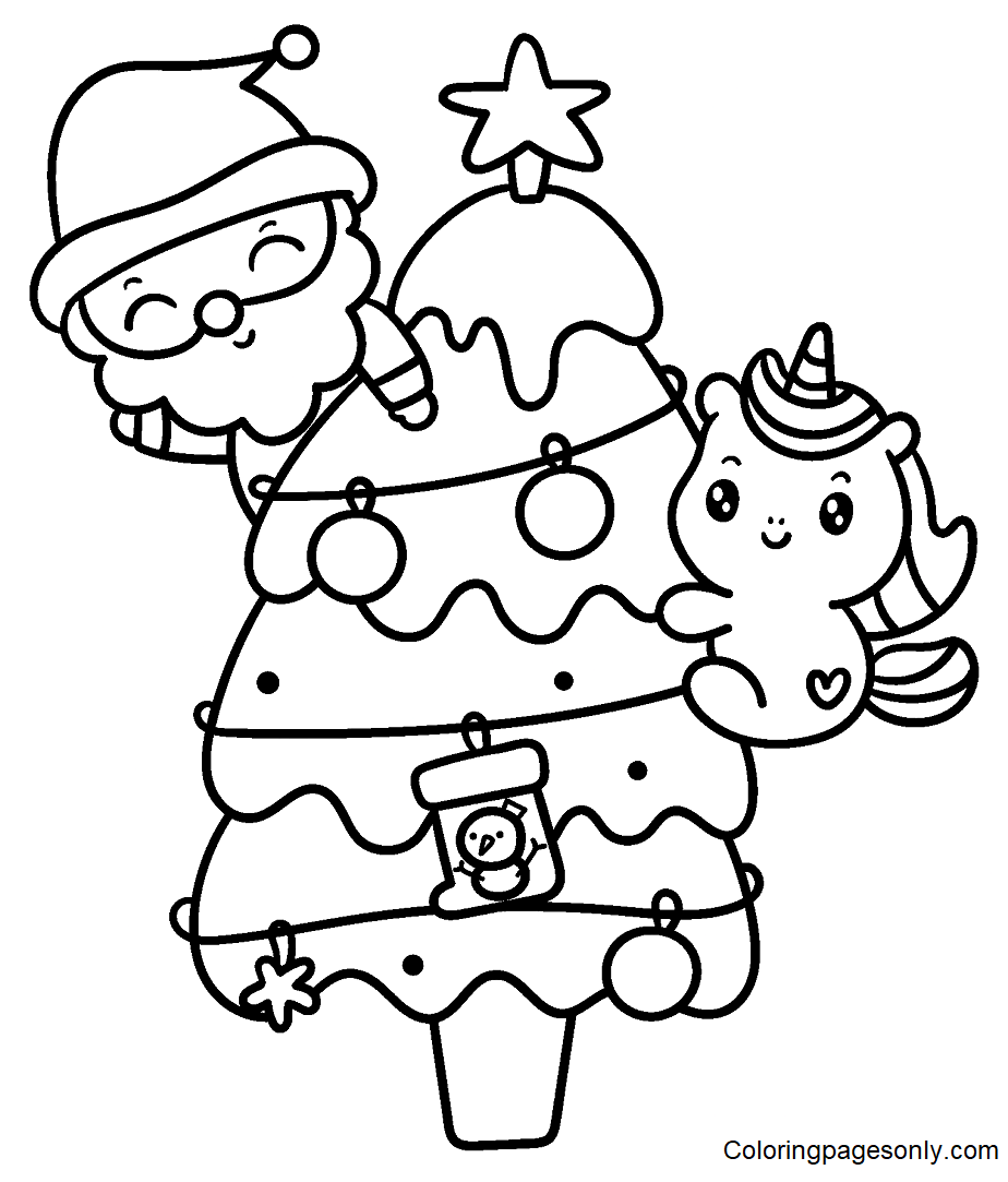圣诞树与圣诞老人和独角兽从可爱的圣诞节