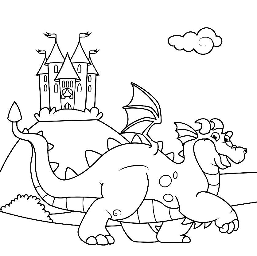 Desenho de dragão fofo na frente de um castelo para colorir