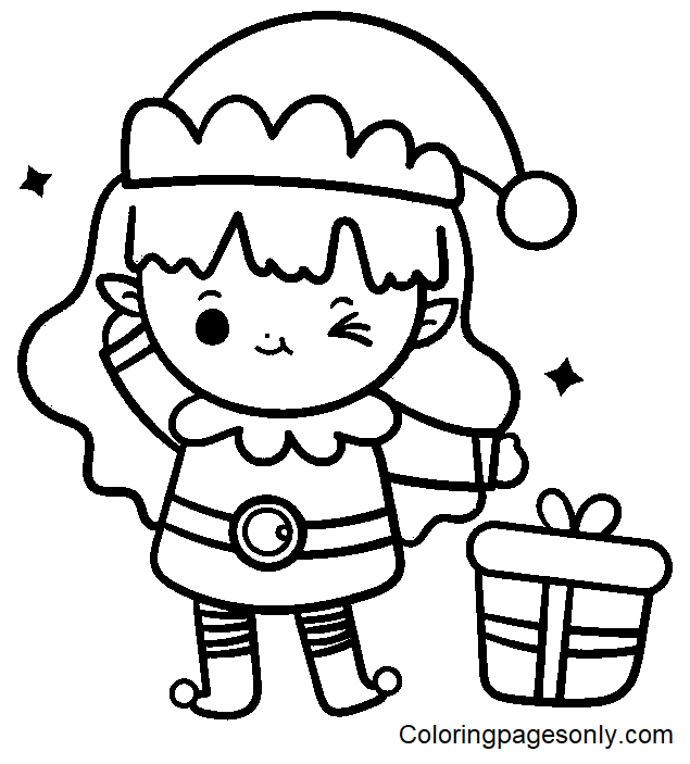 Cute Elf Girl Santa Coloring Page