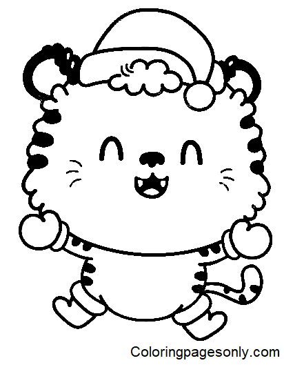 Cute Tiger In Christmas Coloring Page