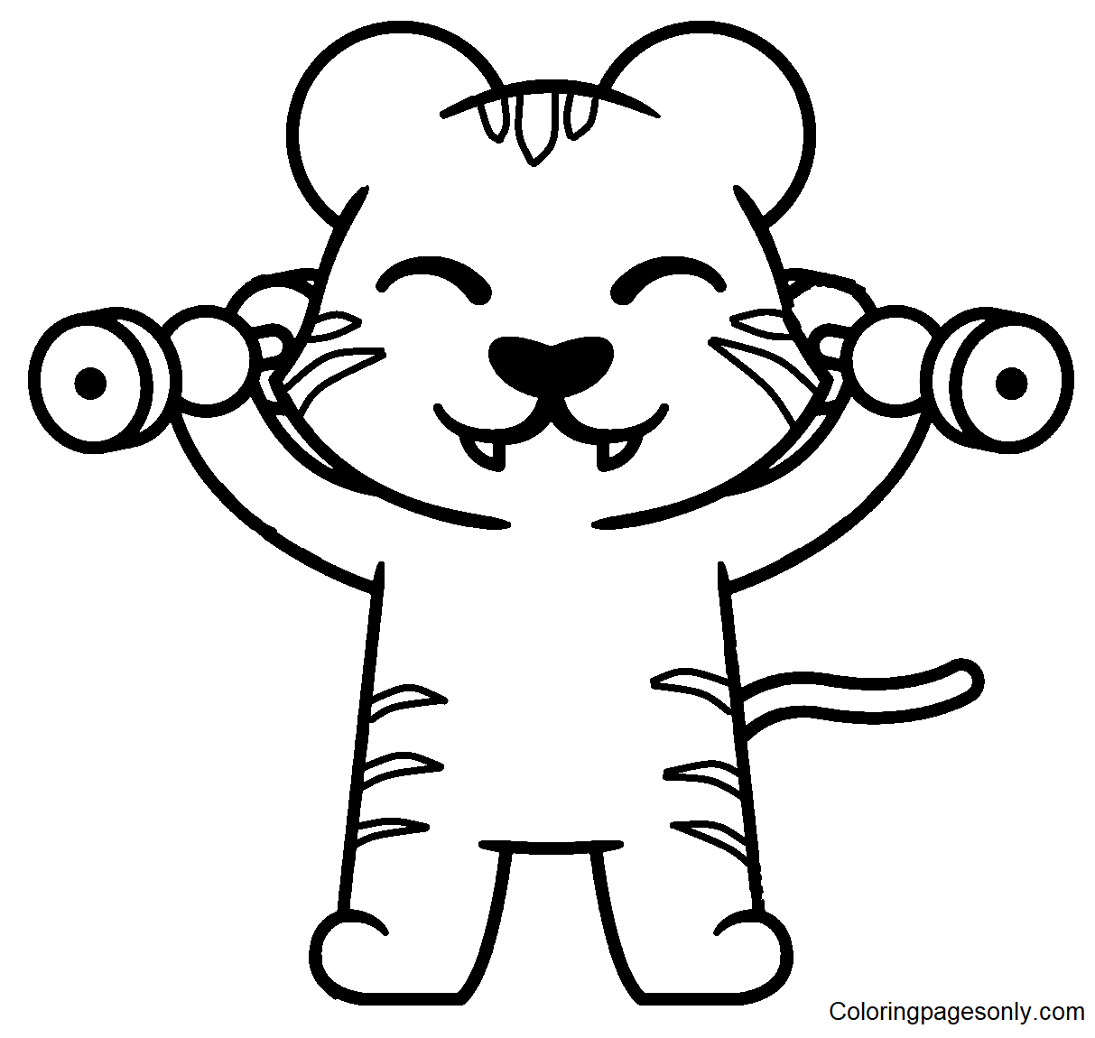 Cute Tiger Lifting Weights Coloring Page