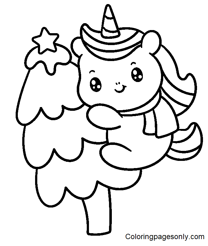 Cute Unicorn hugging Christmas Tree Coloring Pages
