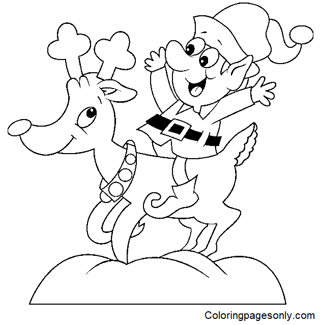 Elf on Reindeer Cartoon Coloring Page