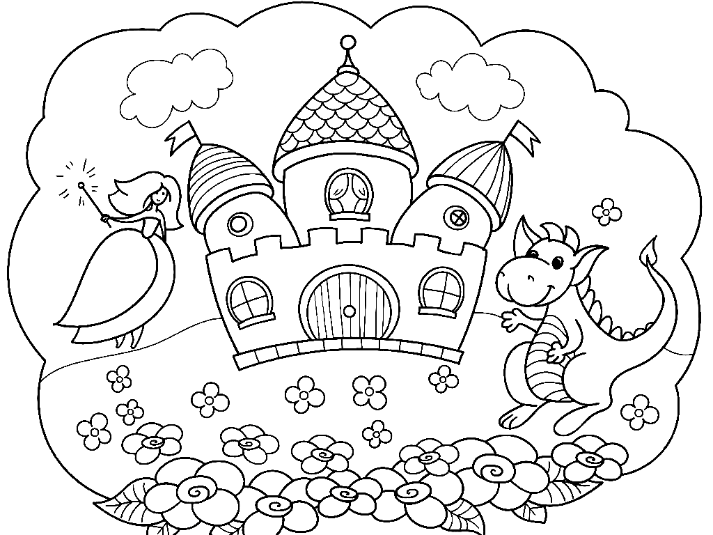 Desenho de fada, castelo, dragão para colorir