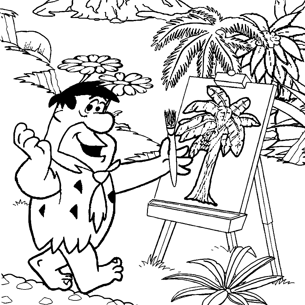 Fred Flintstone is aan het schilderen Kleurplaat