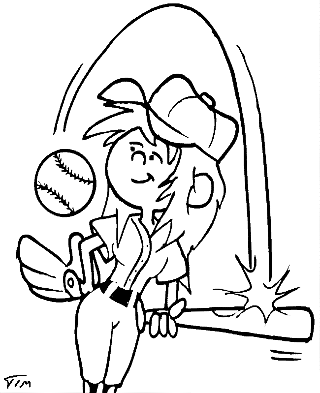 Página para colorir menina jogando softball