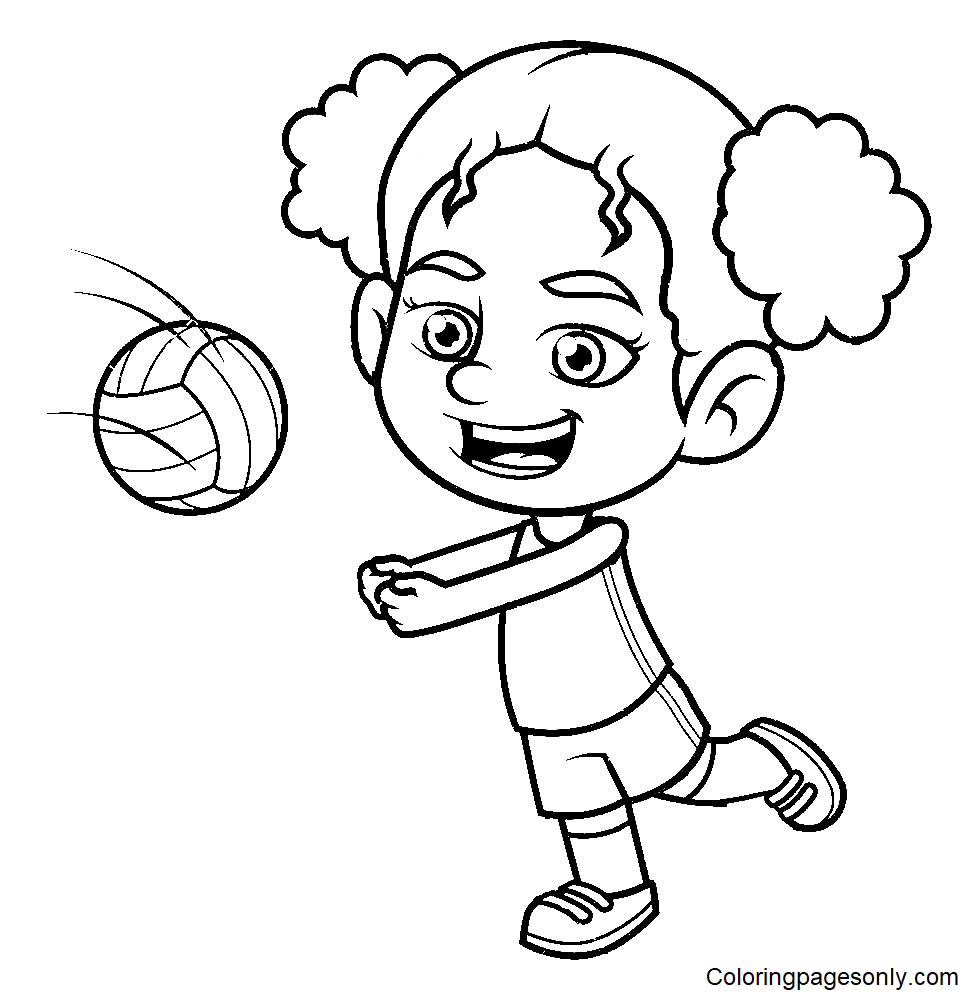 Página para colorear de dibujos animados de niña jugando voleibol