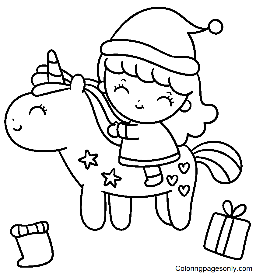Girl Santa Ride Unicorn Coloring Page