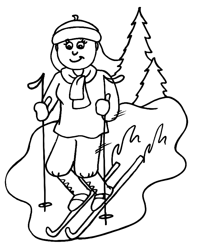 Раскраска Девушка катается на горных лыжах