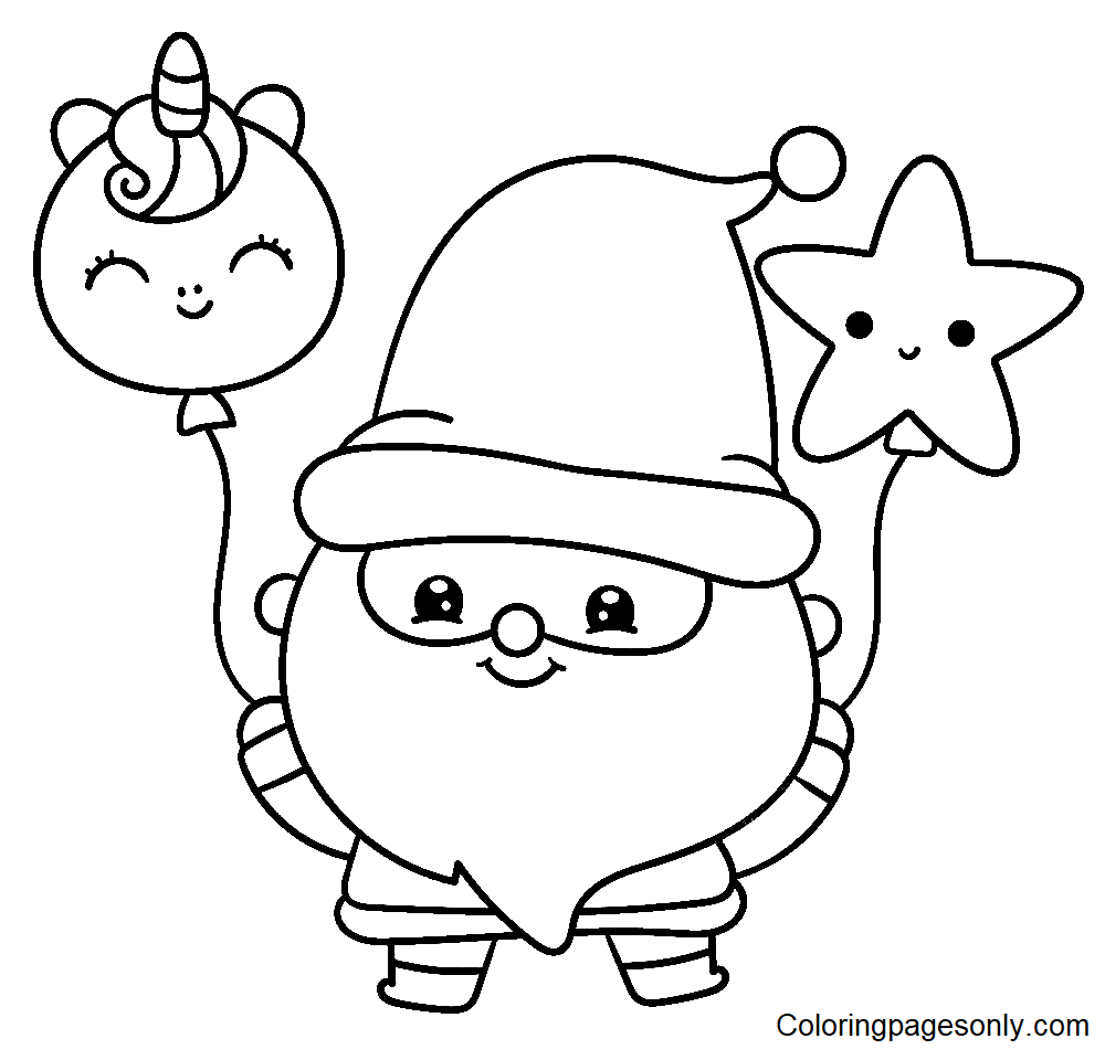 Gnome Santa mit Einhorn und Sternenballon Malvorlagen