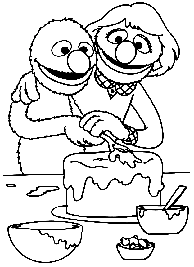 Grover glazuurt een taart kleurplaat
