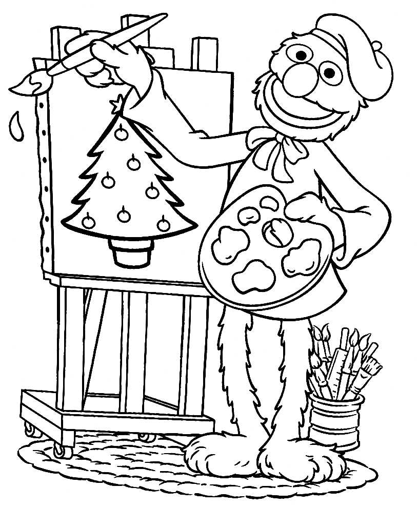 Grover Painting Chrismas Tree Coloring Page