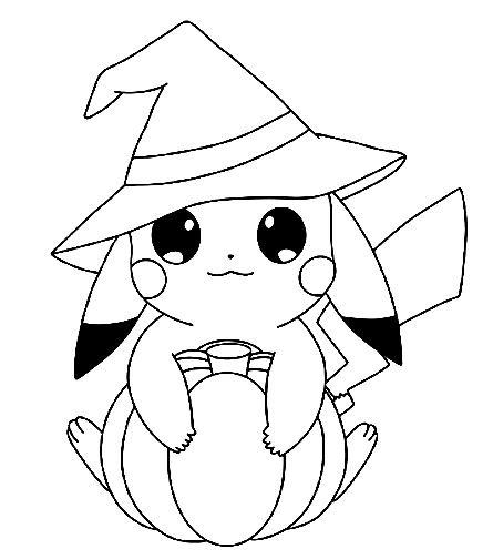 Halloween Pikachu With A Witch Hat Coloring Page
