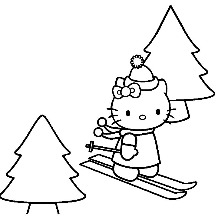 Hello Kitty Skiing Coloring Page
