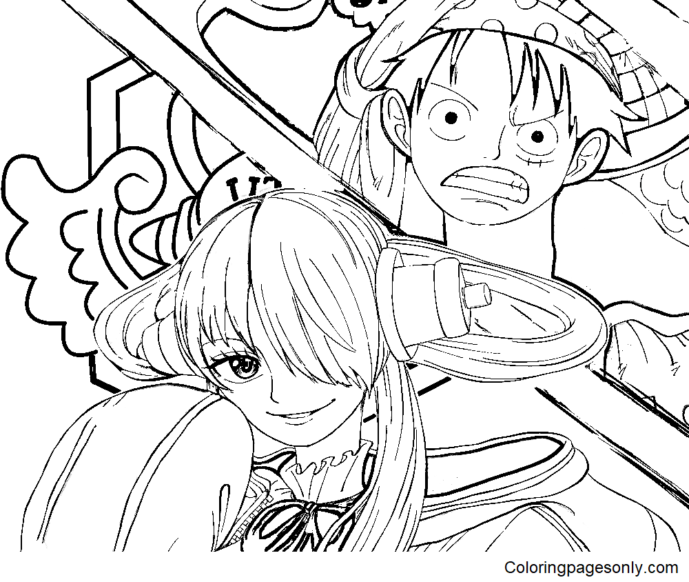 Luffy and Uta from One Piece Film Red Coloring Page