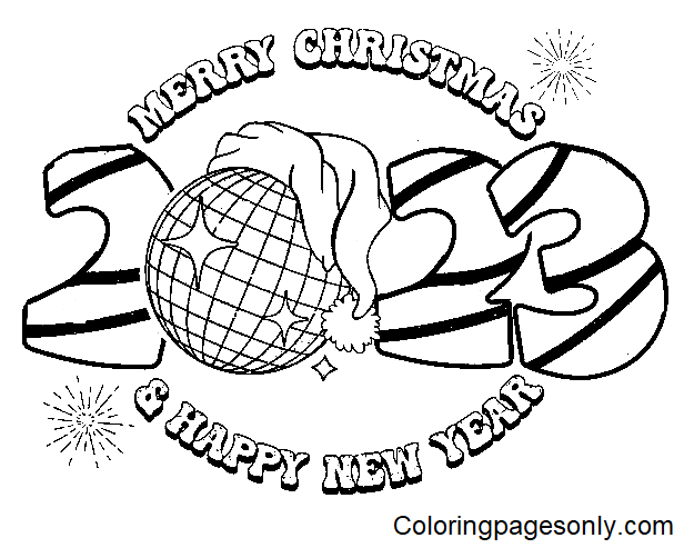 Merry Christmas and Happy New Year 2023 Coloring Page