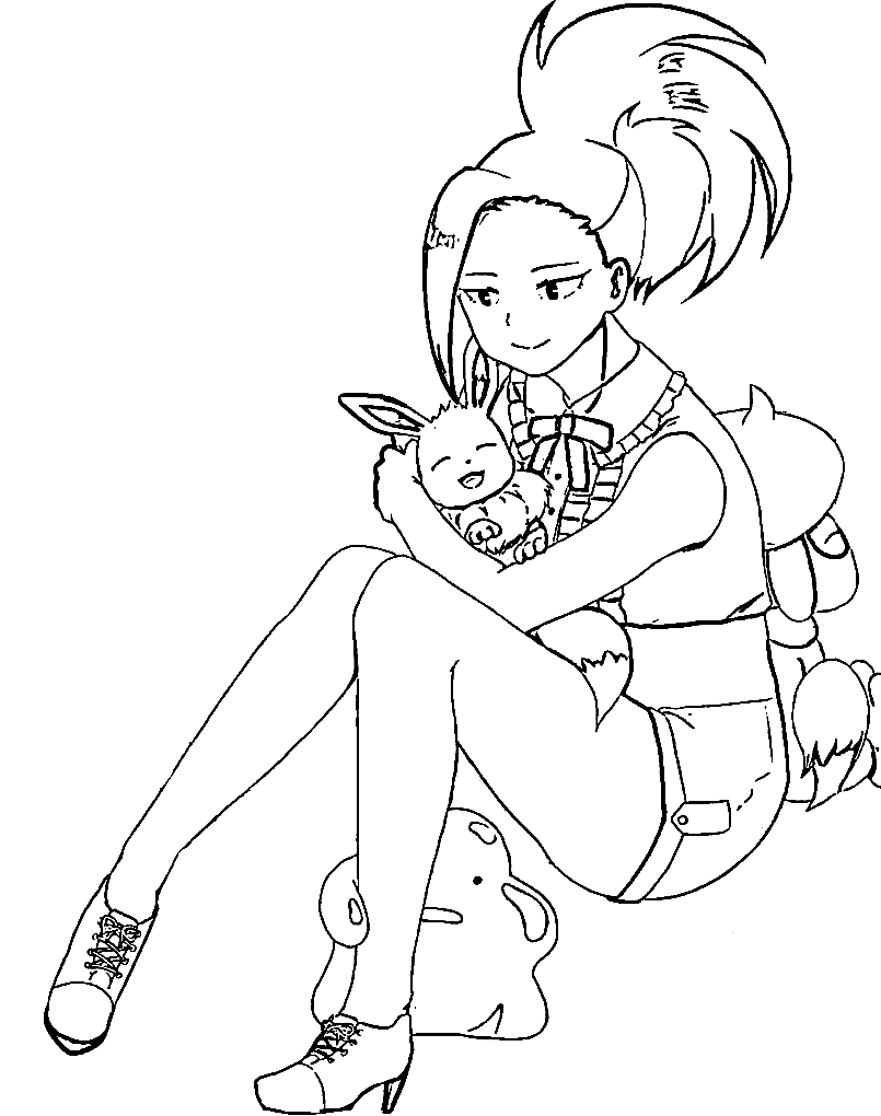 Momo Yaoyorozu with Pokemon Coloring Page