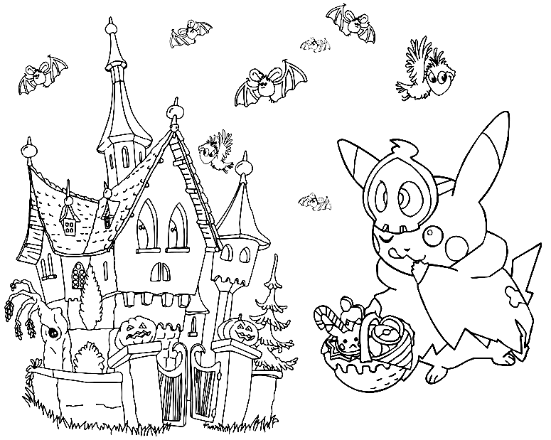 Pikachu con la casa encantada de Pokémon Halloween