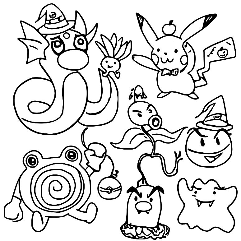 Poliwrath, Diglett, Bellsprout Pokemon Halloween Coloring Pages