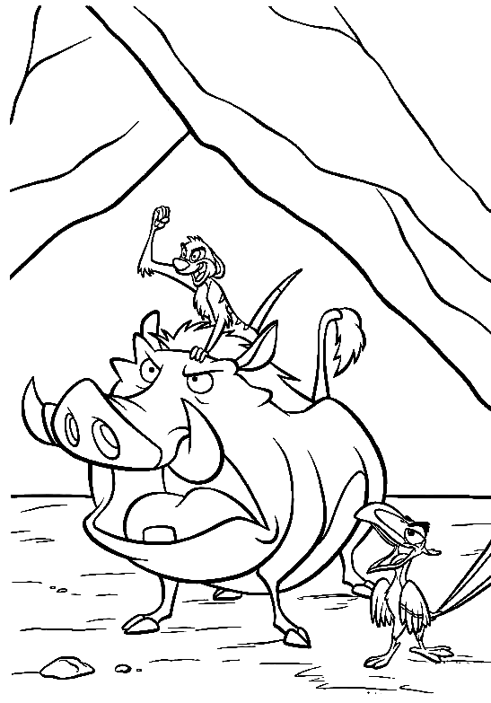 Pumbaa with Timon and Zazu Coloring Page