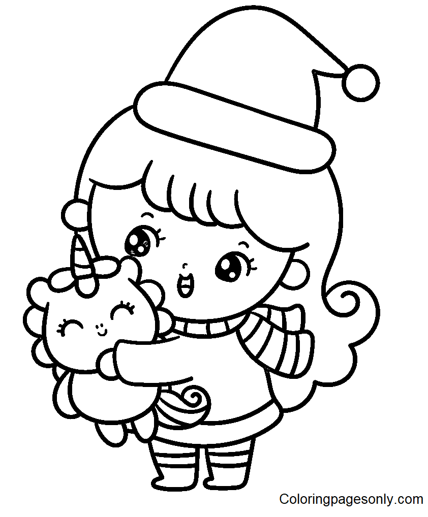 圣诞老人女孩拥抱可爱圣诞节的独角兽