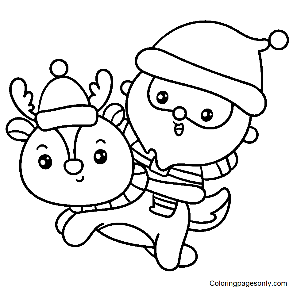 Santa and Reindeer Kawaii Coloring Page