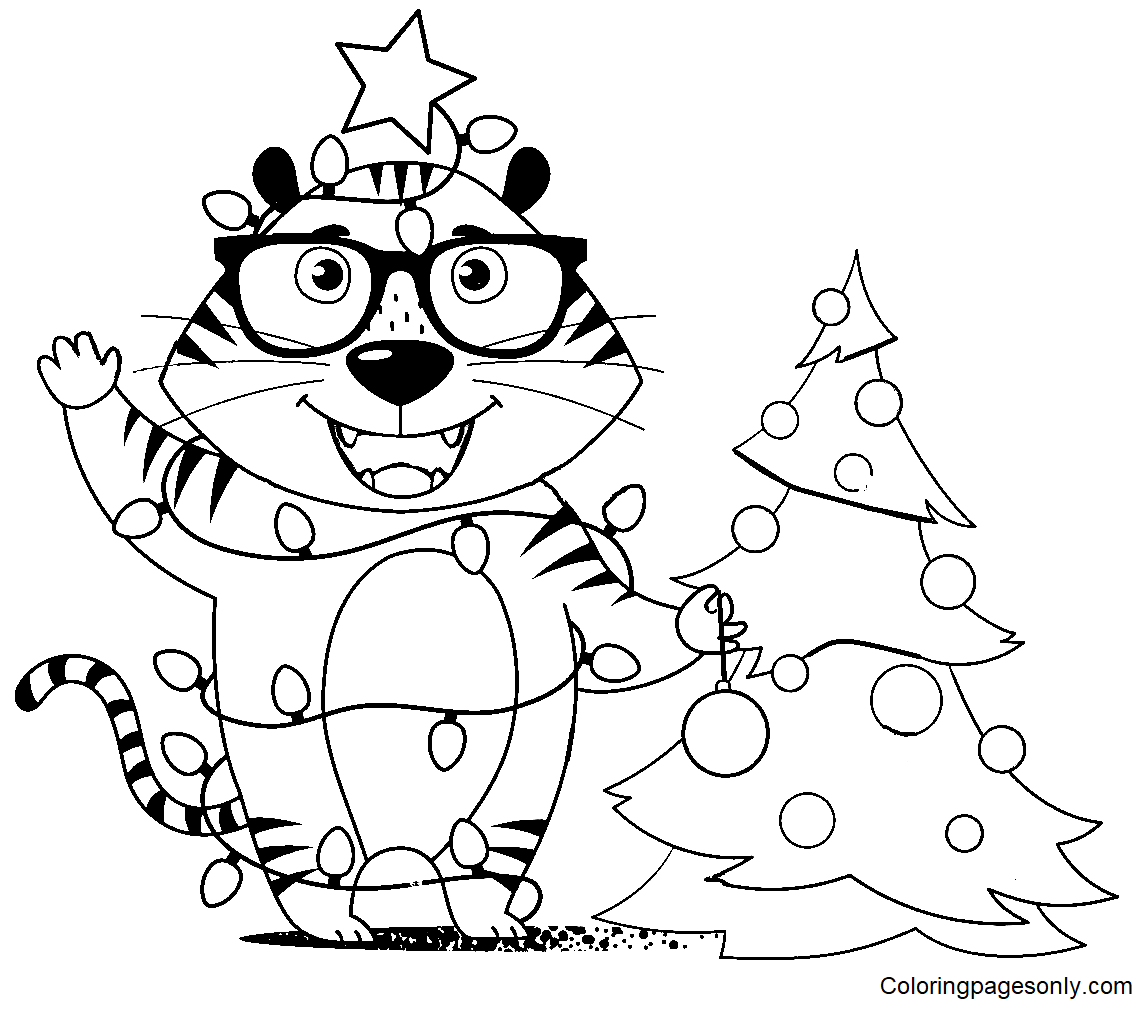 Tiger Decorating Christmas Tree Coloring Pages
