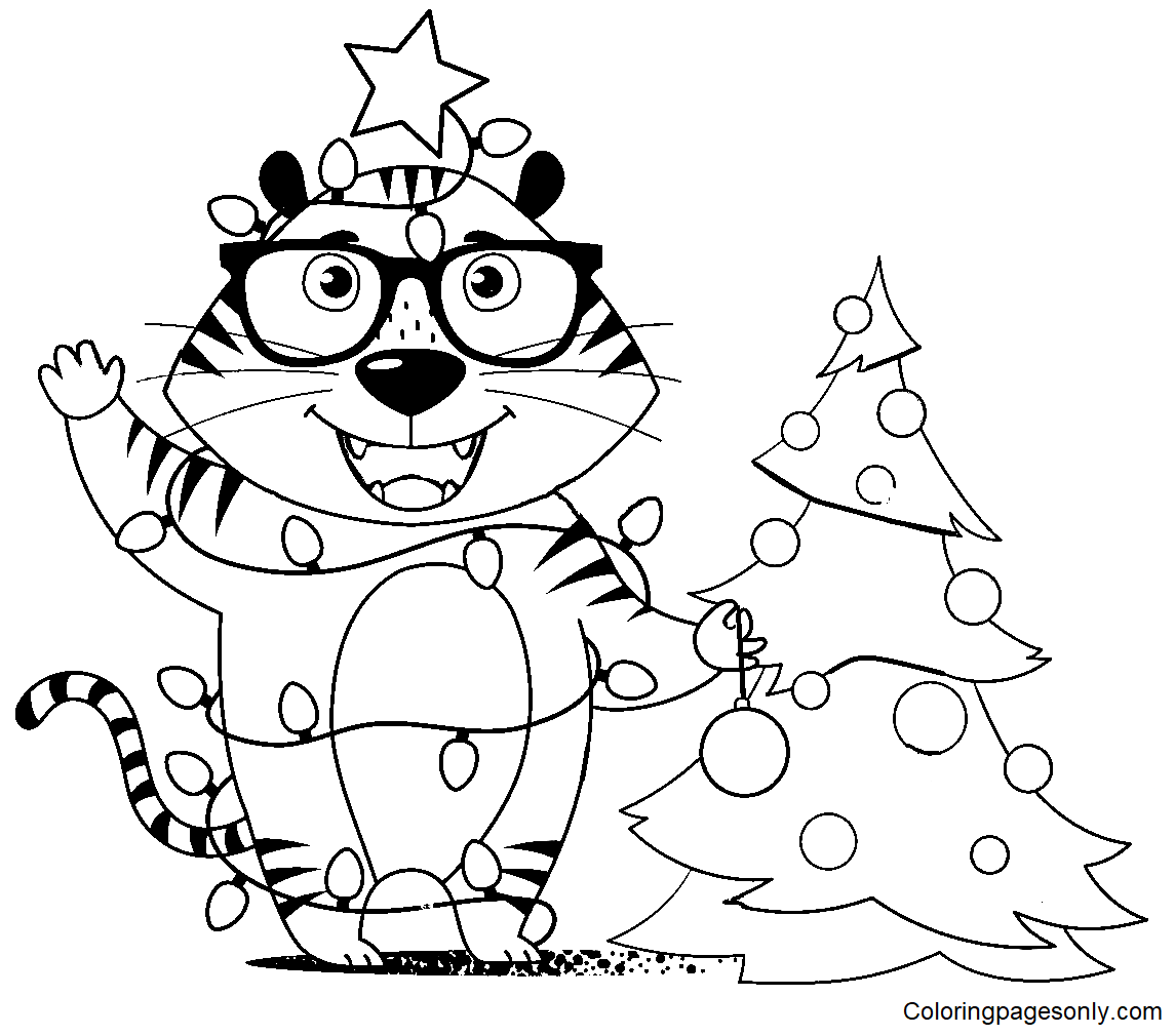 Desenho para colorir com tigre bonito, árvore de Natal e papagaio