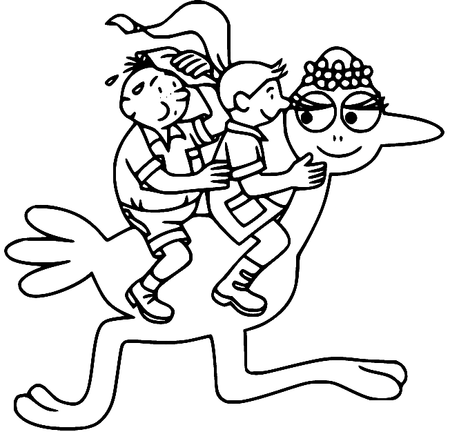 Twee kinderen en Barbalala struisvogel kleurplaat