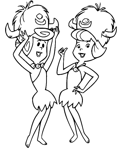 Wilma en Betty met de hoornhoed van Flintstones