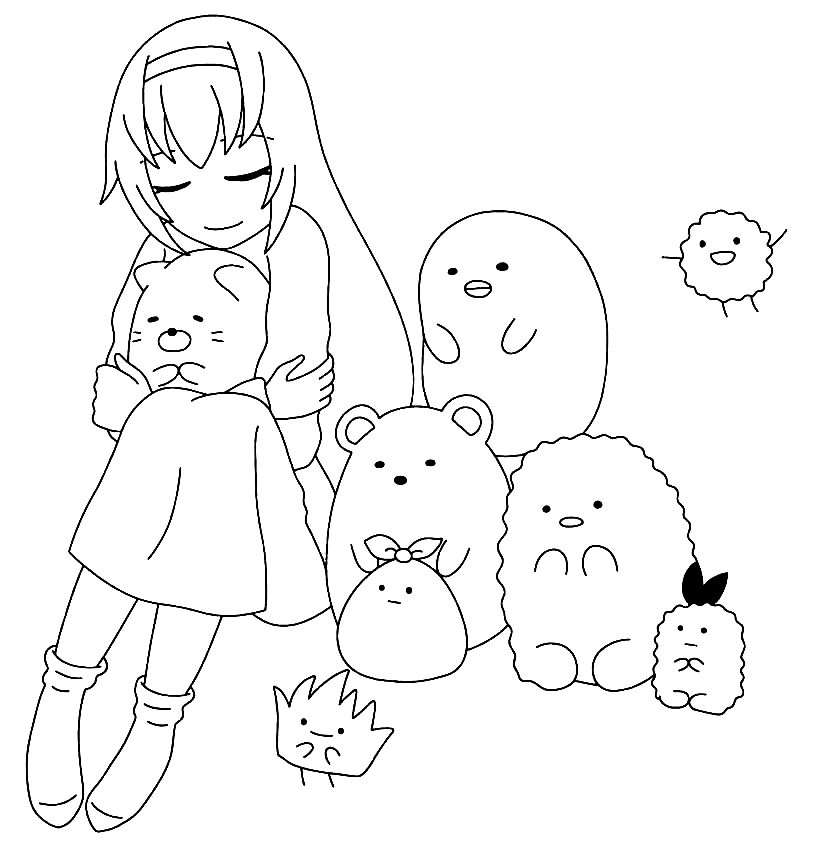 Desenho de Garota Anime com Sumikko Gurashi para colorir