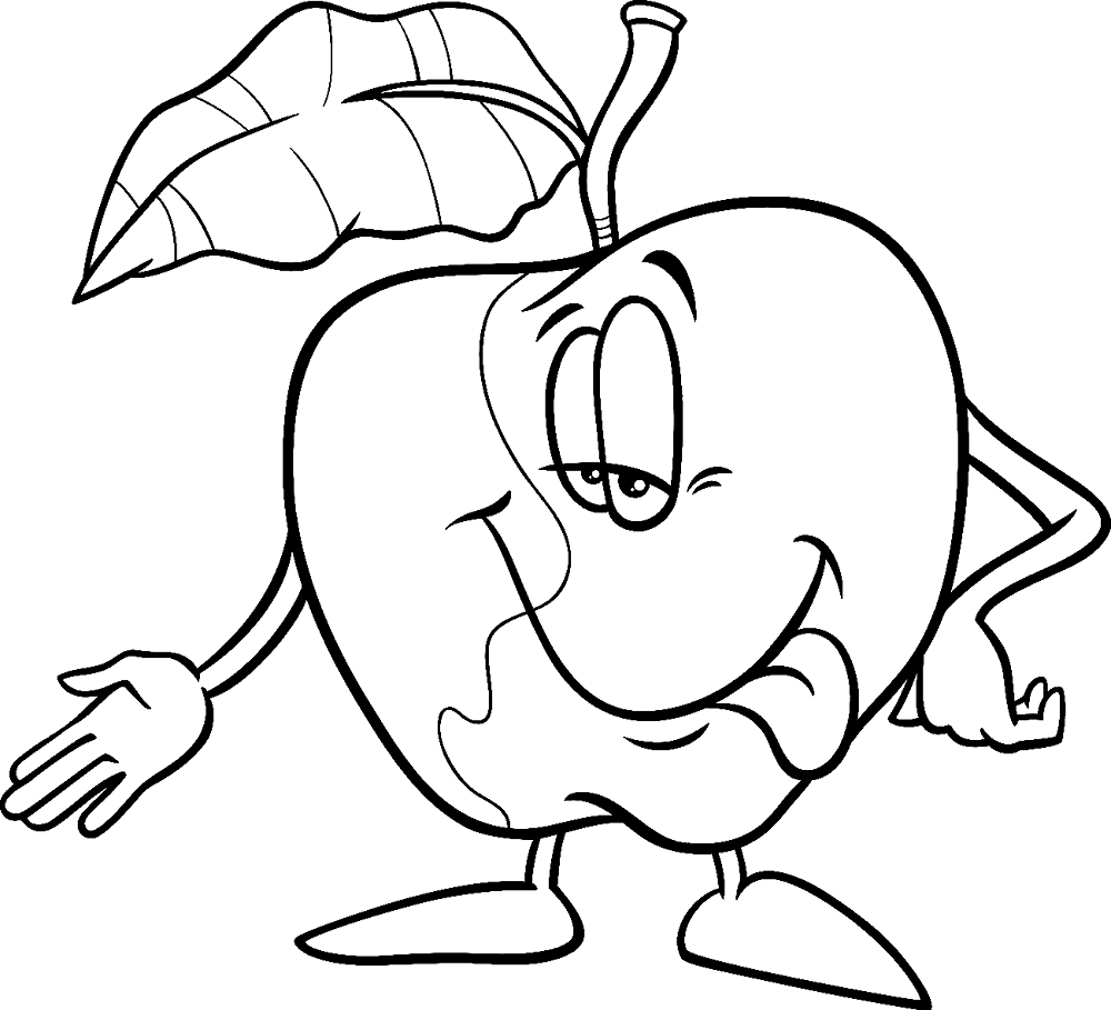 Página para colorir desenho animado de frutas de maçã