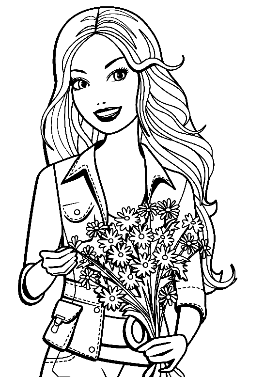 Barbie With Bouquet Flowers Coloring Page - Free Printable Coloring Pages