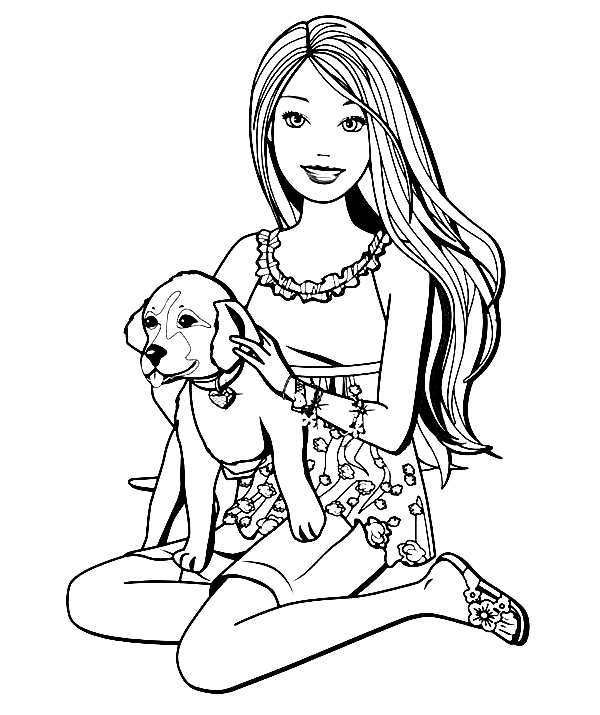 芭比娃娃和小狗 Coloring Page