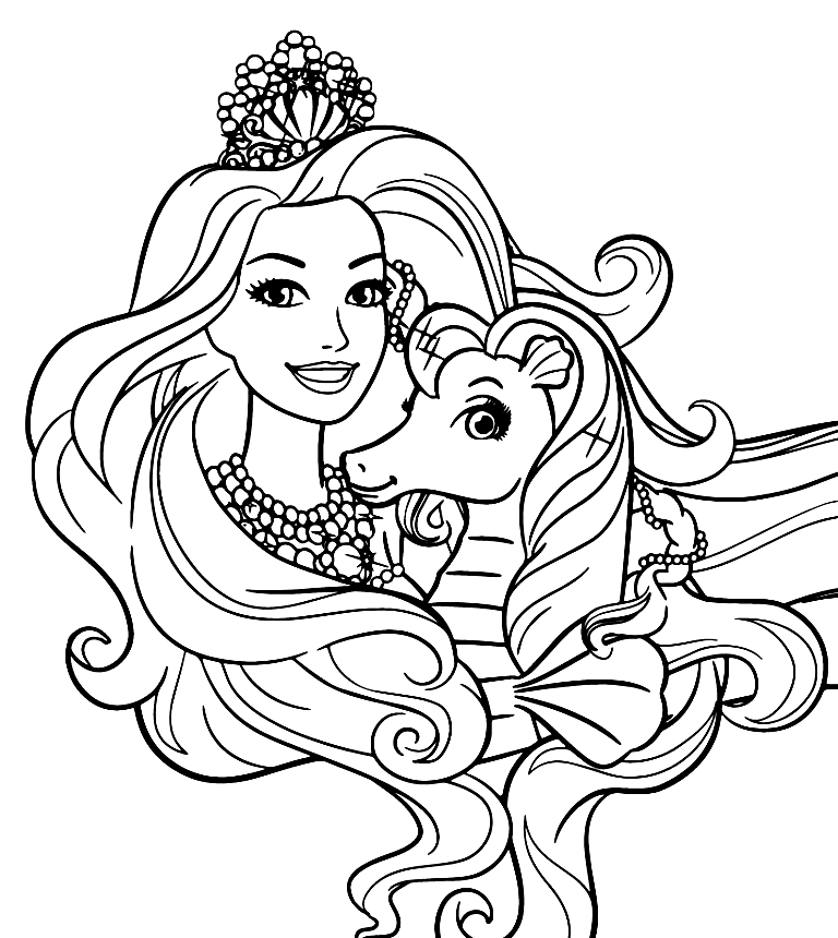 Barbie and Seahorse Coloring Page