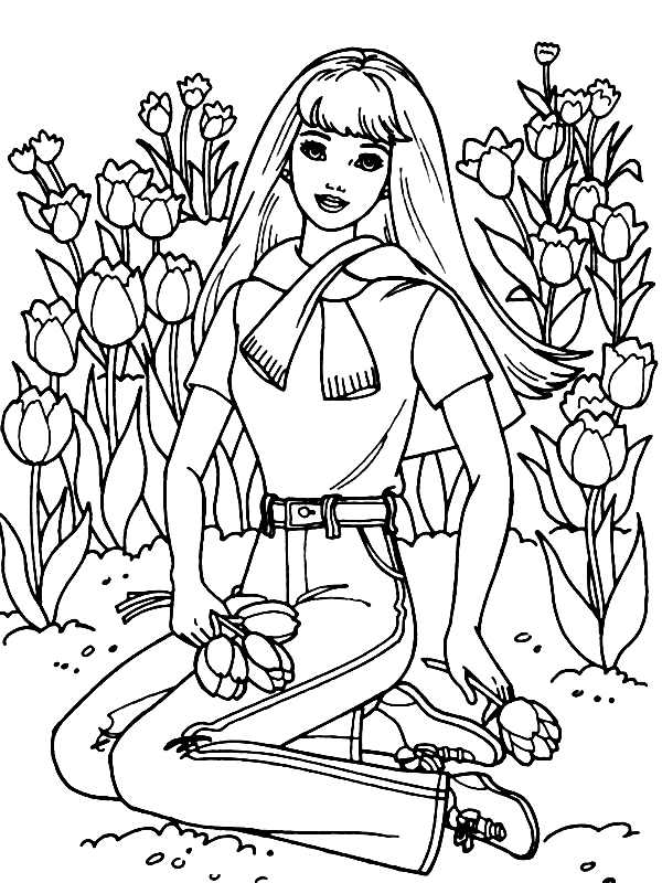 Barbie with Flowers Coloring Page