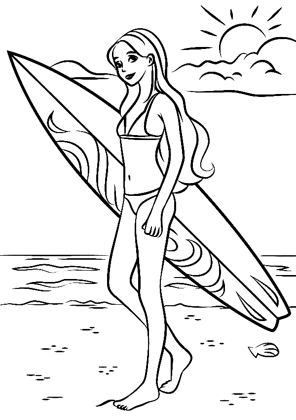 Barbie With Large Surfboard Coloring Pages