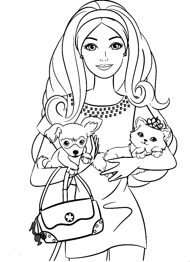 Barbie con dos mascotas para colorear