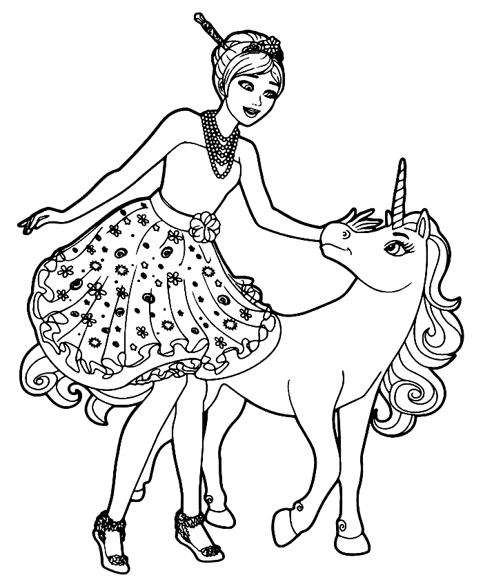 Barbie with Unicorn Coloring Pages