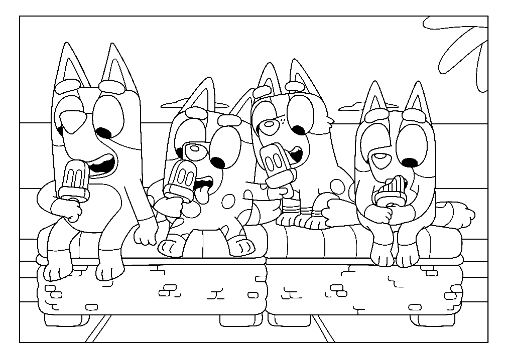 Bluey with Friends Eating Ice Cream Coloring Page