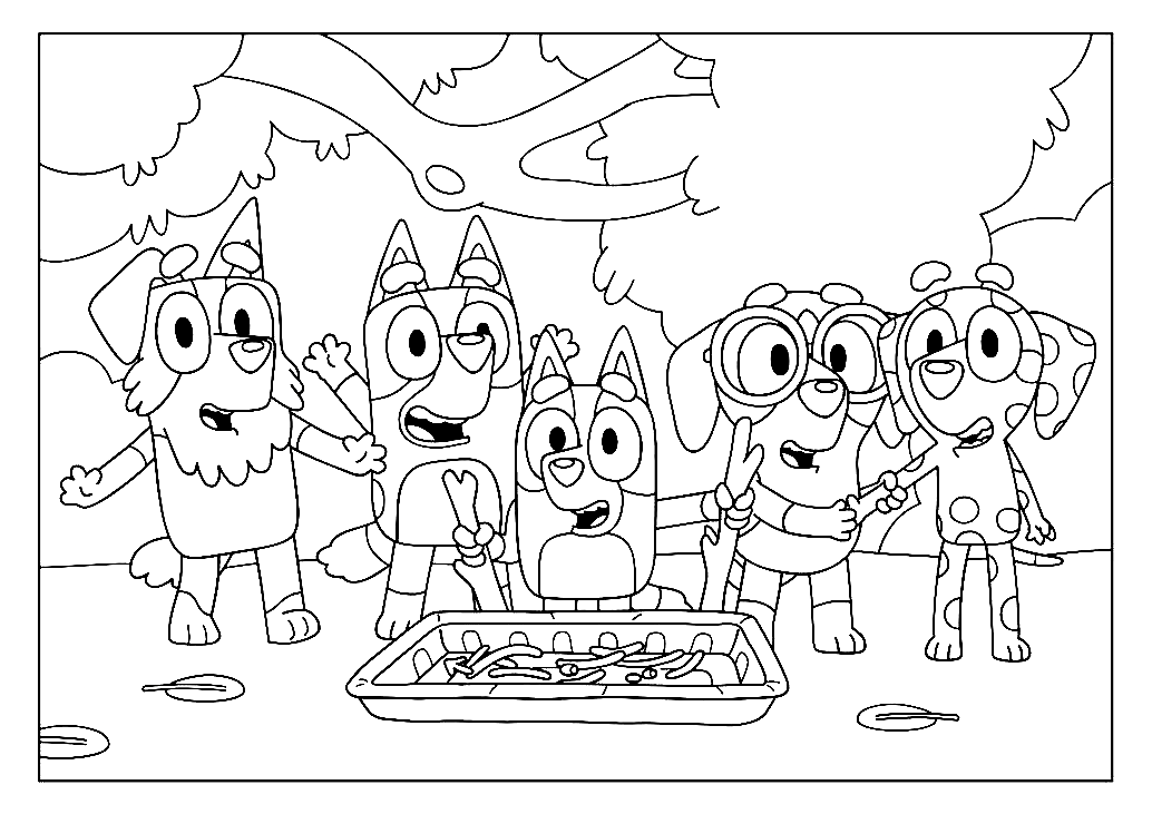 Bluey with Friends playing Spy Game Coloring Page