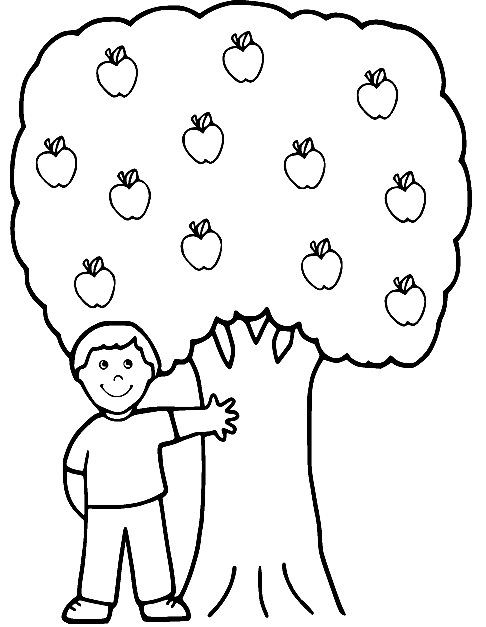Boy with Apple Tree Coloring Page