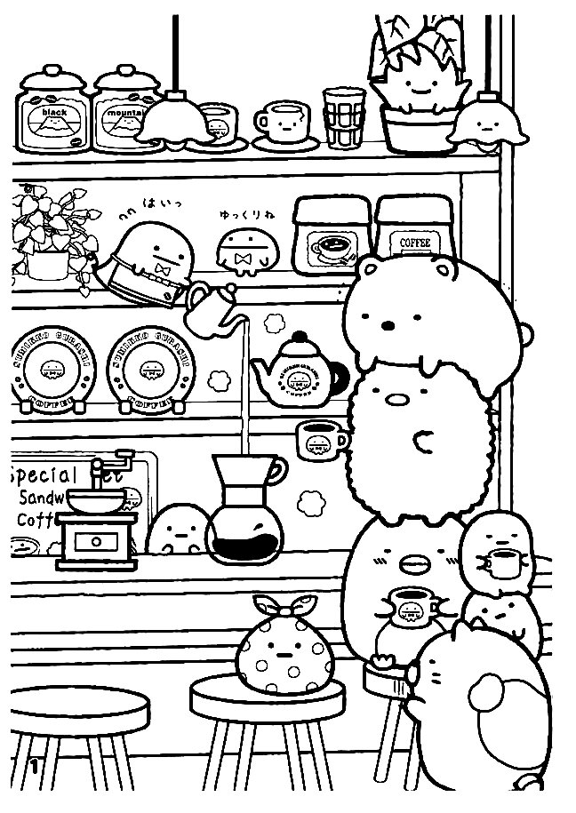 Página para colorir Cafe Sumikko Gurashi