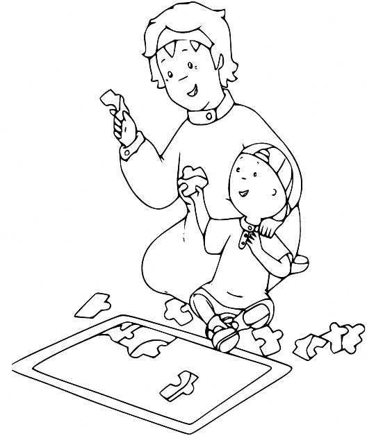 Caillou and Daddy Playing Puzzle Coloring Page