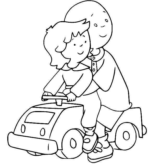 Caillou y Rosie conducen coches de juguete Página para colorear